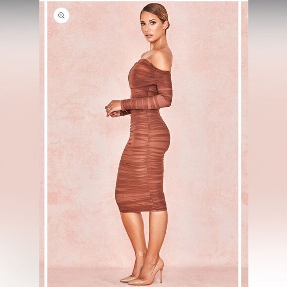 SEPIA BOUTIQUE Maisie Dress Brown Tulle Off Shoulder Bodycon - Picture 15 of 15
